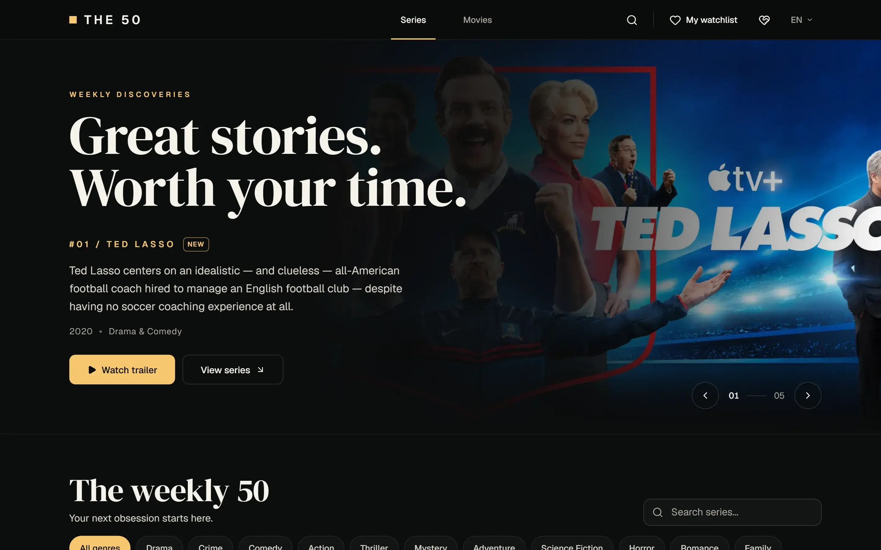 Best50Series home hero: “Great stories. Worth your time.” featuring the number one ranked series with Watch trailer and View series actions and a five-slide carousel