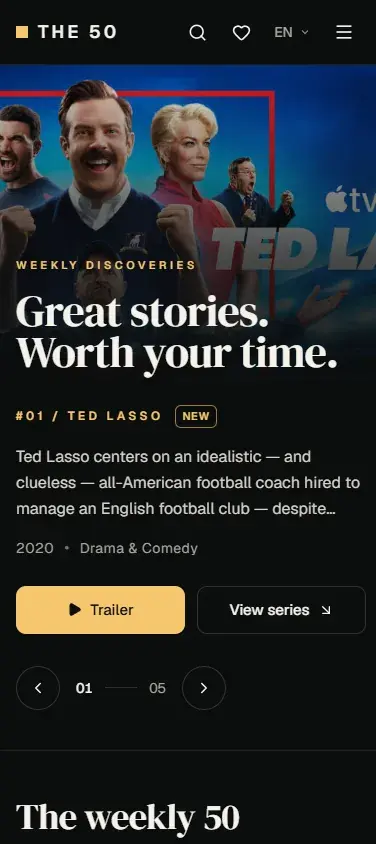 Best50Series on mobile: compact header with search, watchlist, language and menu above the hero with Trailer and View series buttons