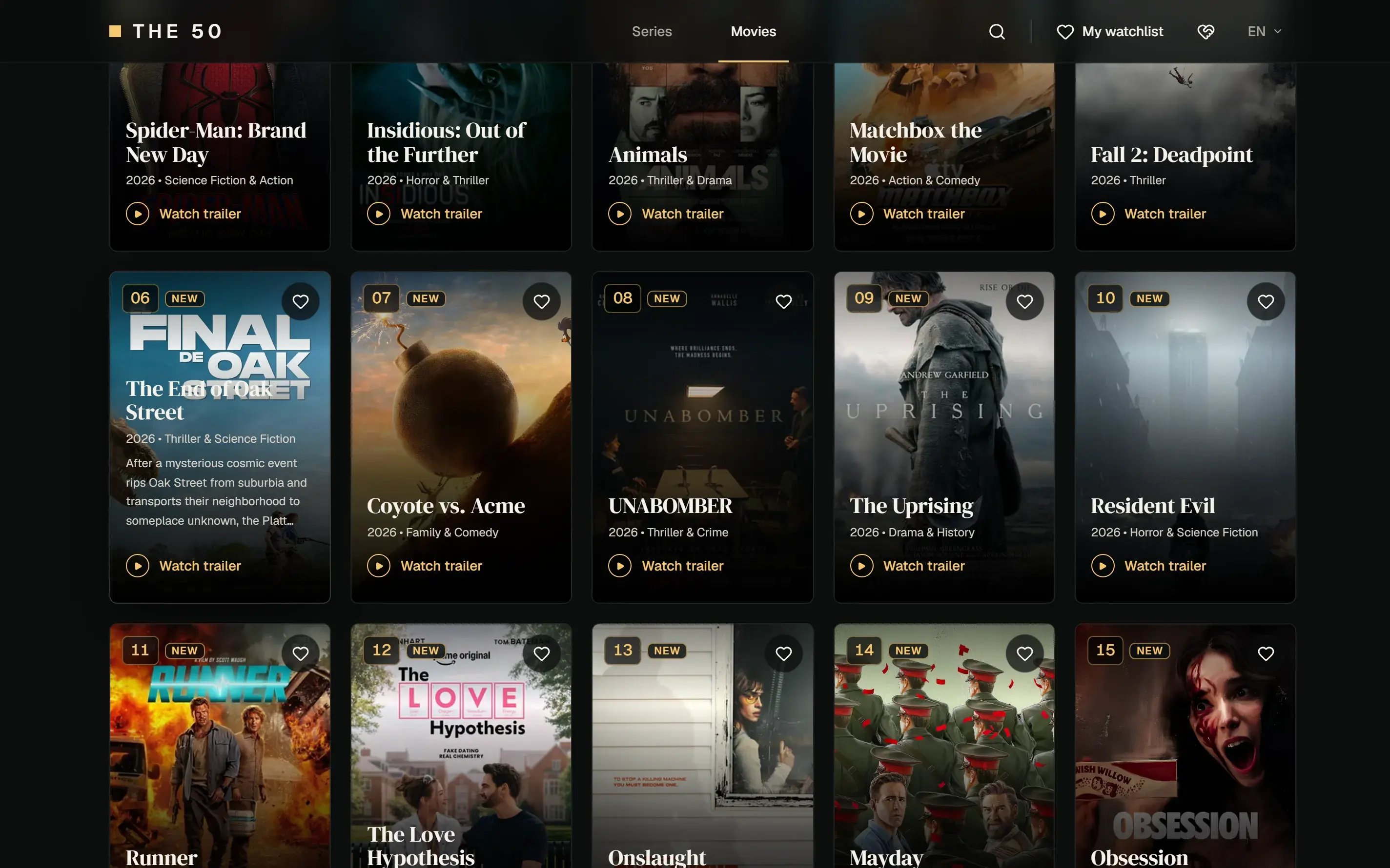 Top 50 movies grid expanded to all titles, with ranked poster cards showing genre and year and one card revealing its synopsis on hover