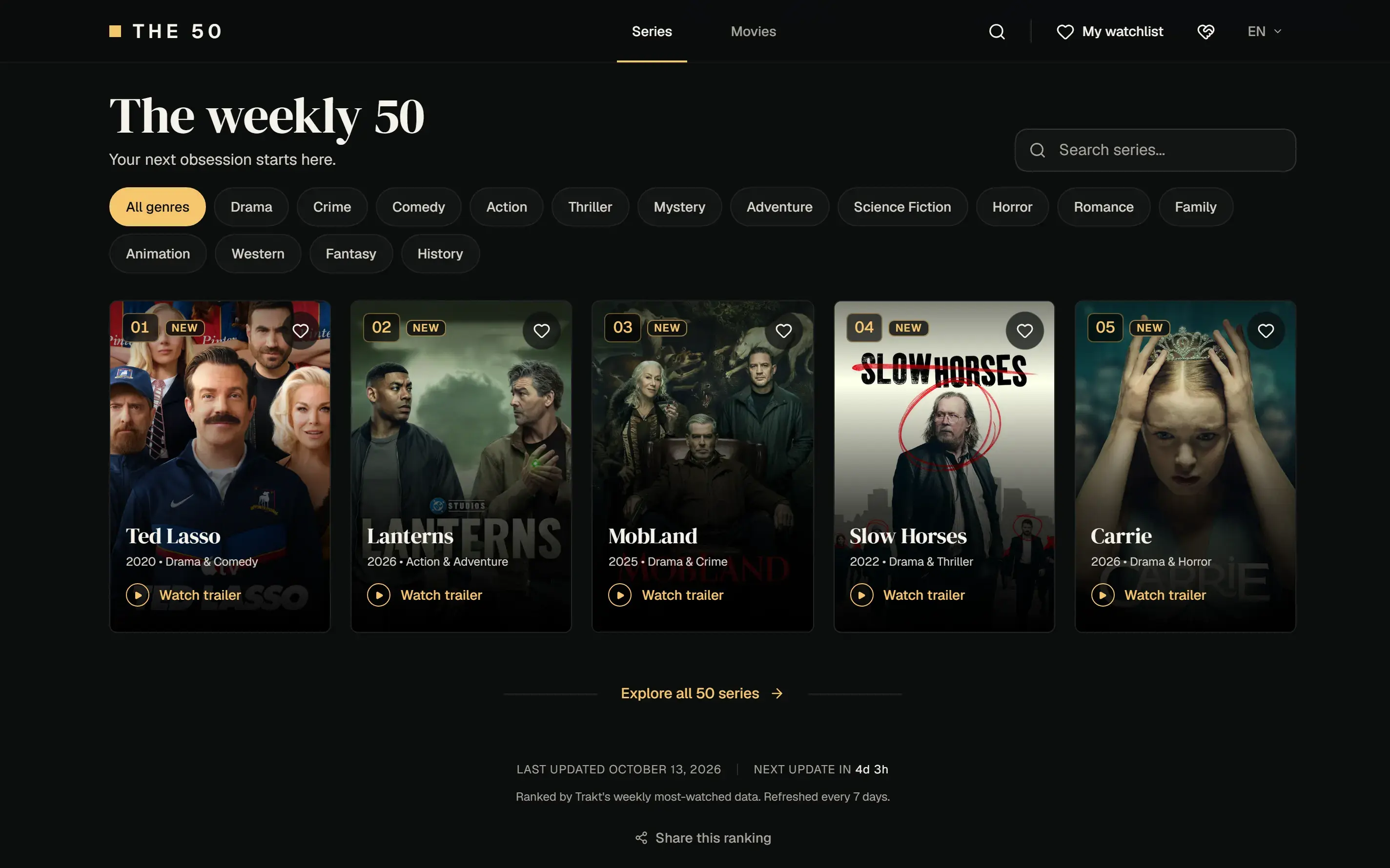 The weekly 50 ranking grid with genre filter chips, a series search box, ranked poster cards with NEW badges, favorite hearts, trailer buttons and the next-update countdown
