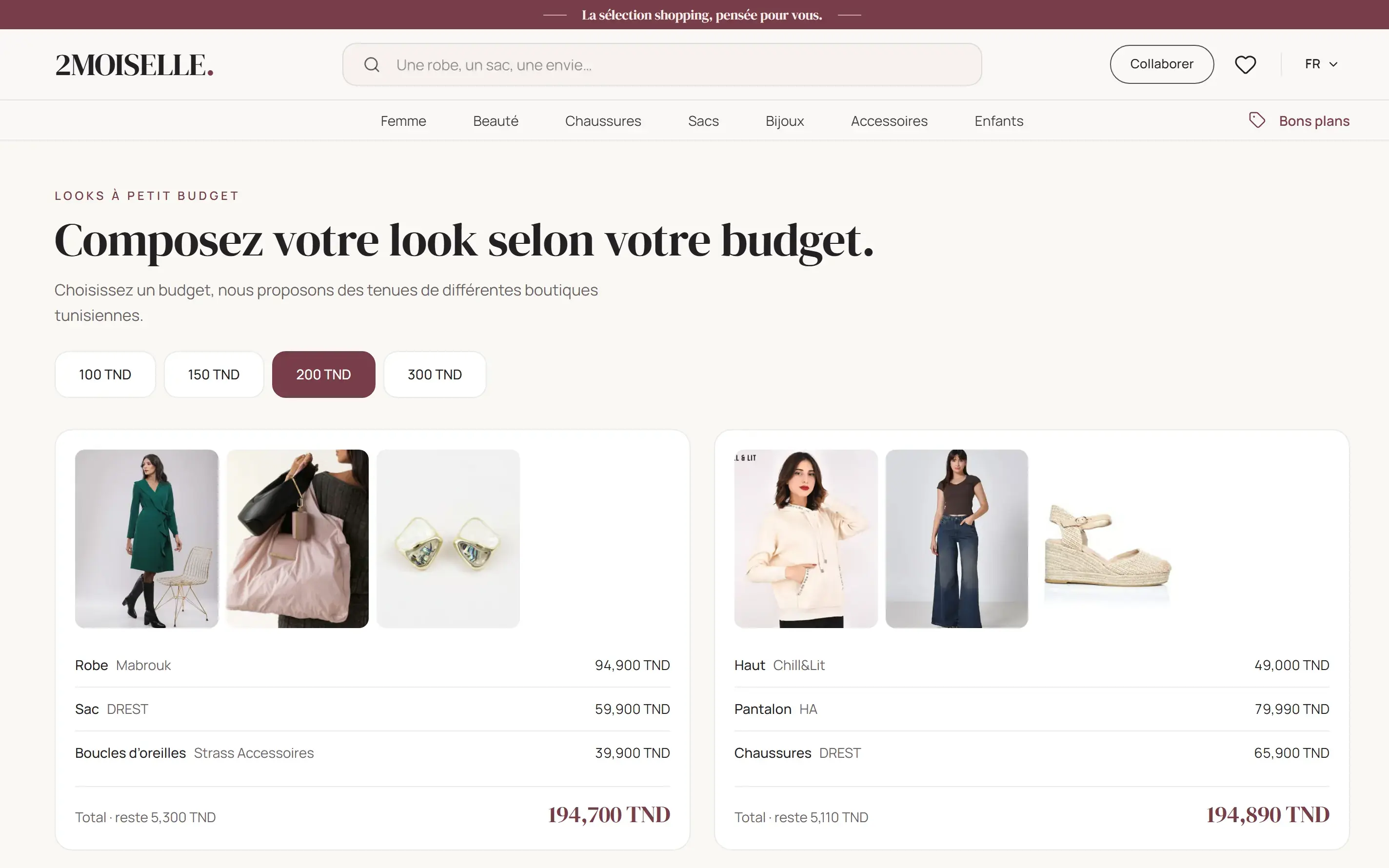 Budget look builder with a 100/150/200/300 TND selector and outfit cards combining items from different Tunisian stores, with total and remaining budget