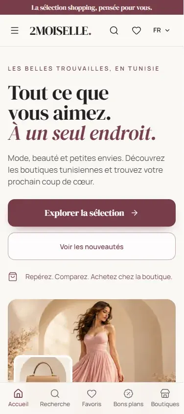 2moiselle on mobile: header with menu, search, favorites and language, the hero, and a bottom tab bar for home, search, favorites, deals and stores