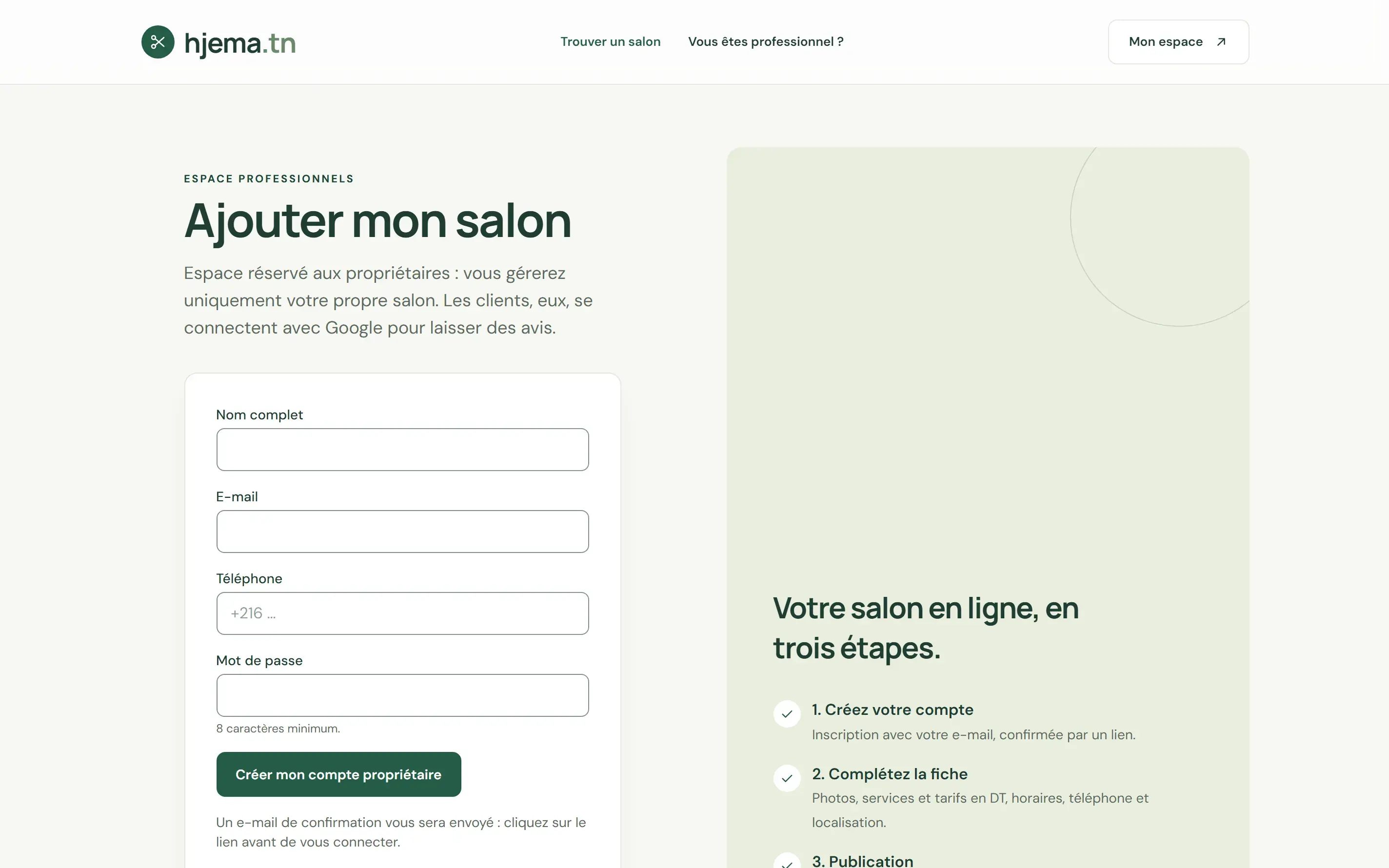 Salon owner sign-up page “Ajouter mon salon” with the registration form and a three-step explanation of getting a salon online