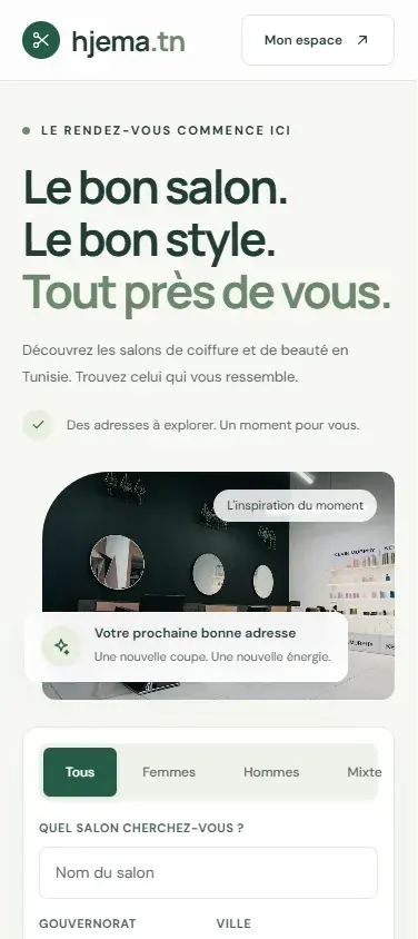 Hjema on mobile: the hero with a salon image card above the start of the salon search form